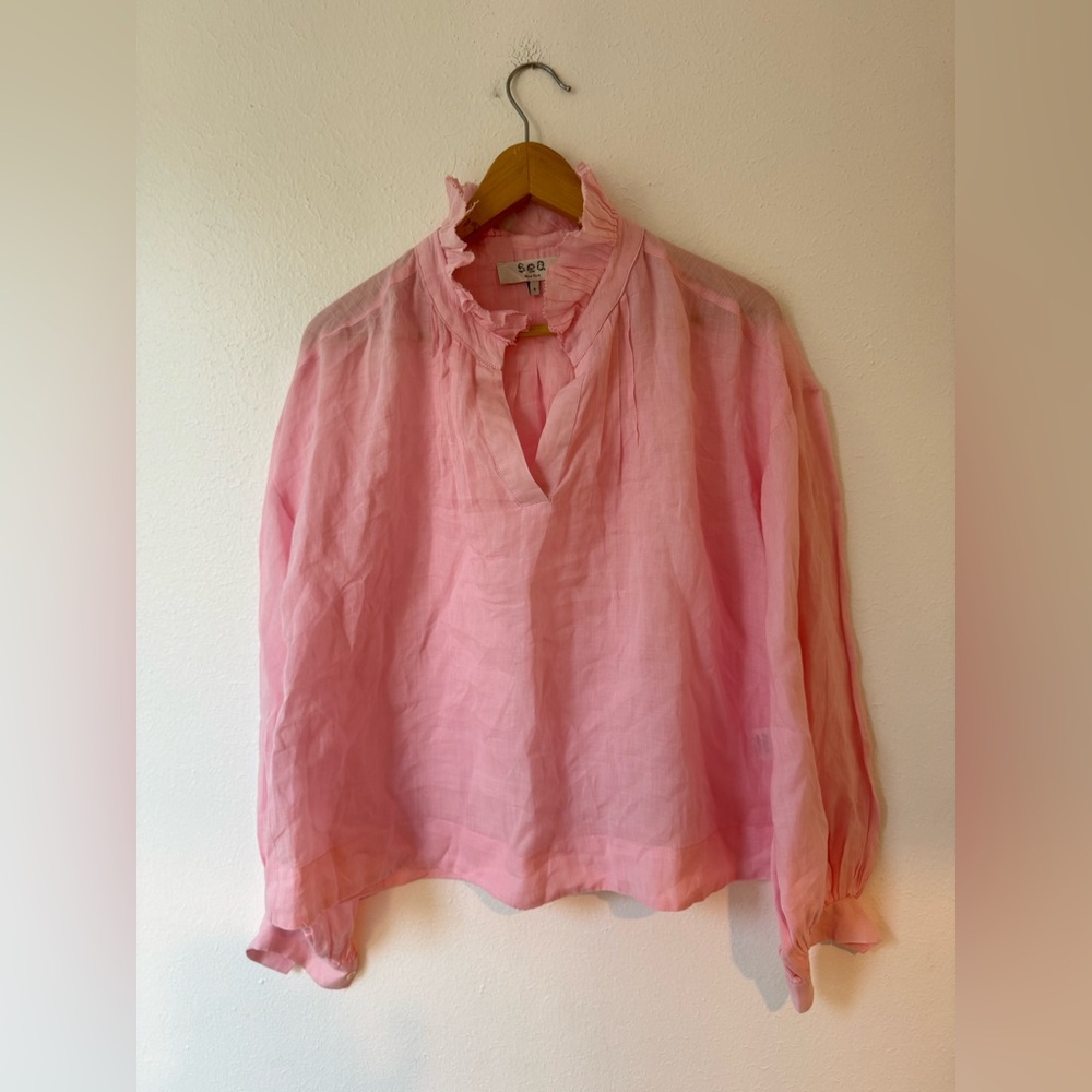 Sea New York Pink Ruffle Collar Linen Blouse